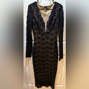 Va Va Voom Women's Black Long Sleeve Lace Dress with Beige Lining - Size L